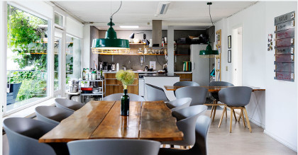 Hyggeligt køkken med planter, grønne lamper forskellige træborde og de samme grå stole